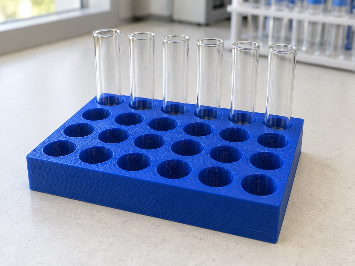 Blue 3D printed 24-position test tube rack on a lab bench with six glass tubes seated in the front row, printed at TAKT 3D for a San Diego lab