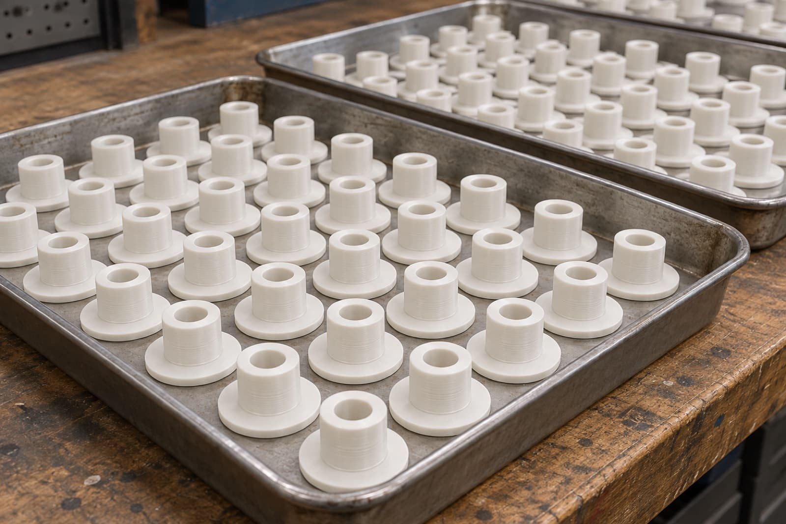 Trays of identical 3D printed flanged bushings from a production run