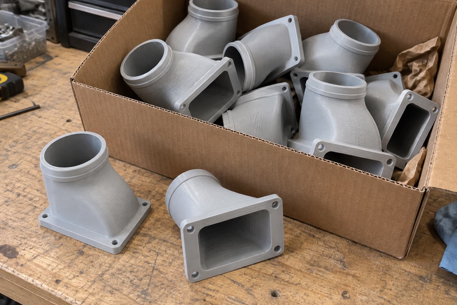 A box of 3D printed offset duct adapters packed for shipment