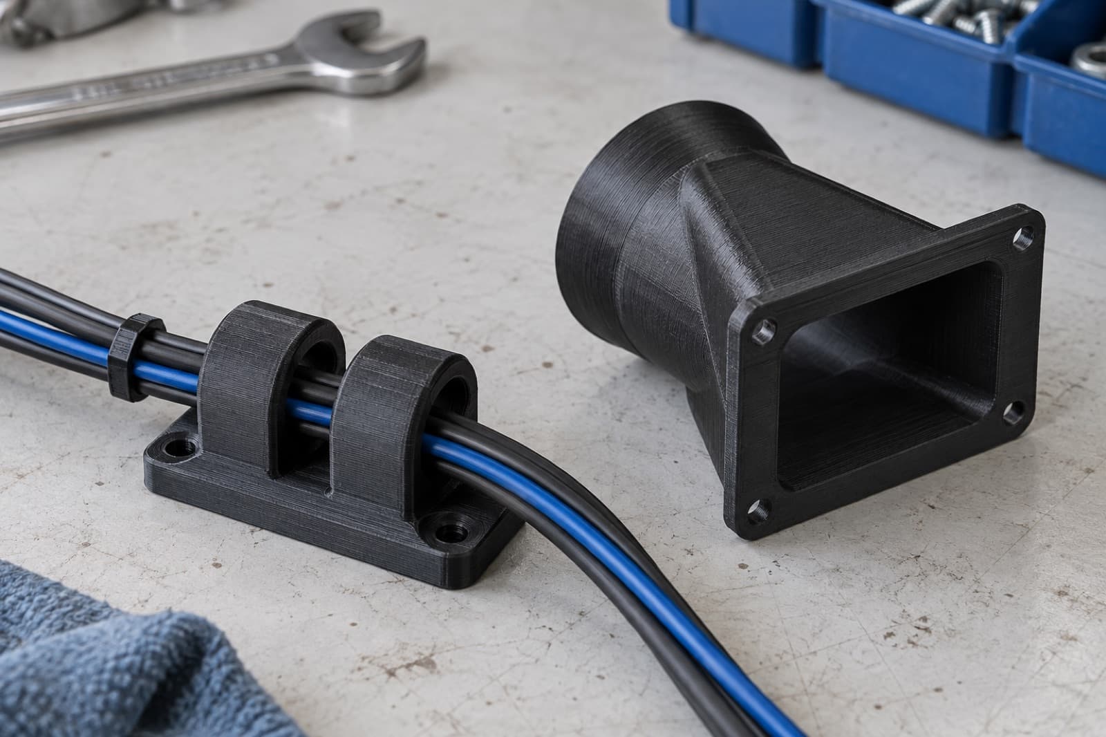 3D printed cable routing clamp and duct transition on an automotive assembly bench