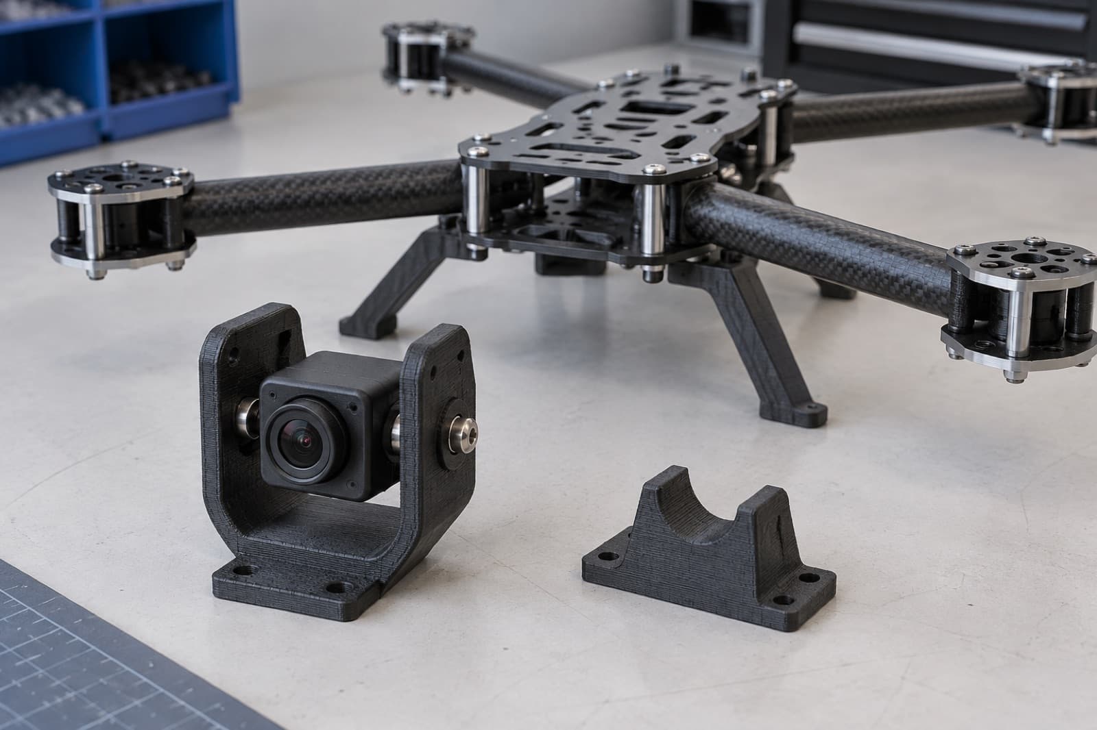 3D printed carbon-fiber gimbal camera mount and landing standoff for a UAV airframe