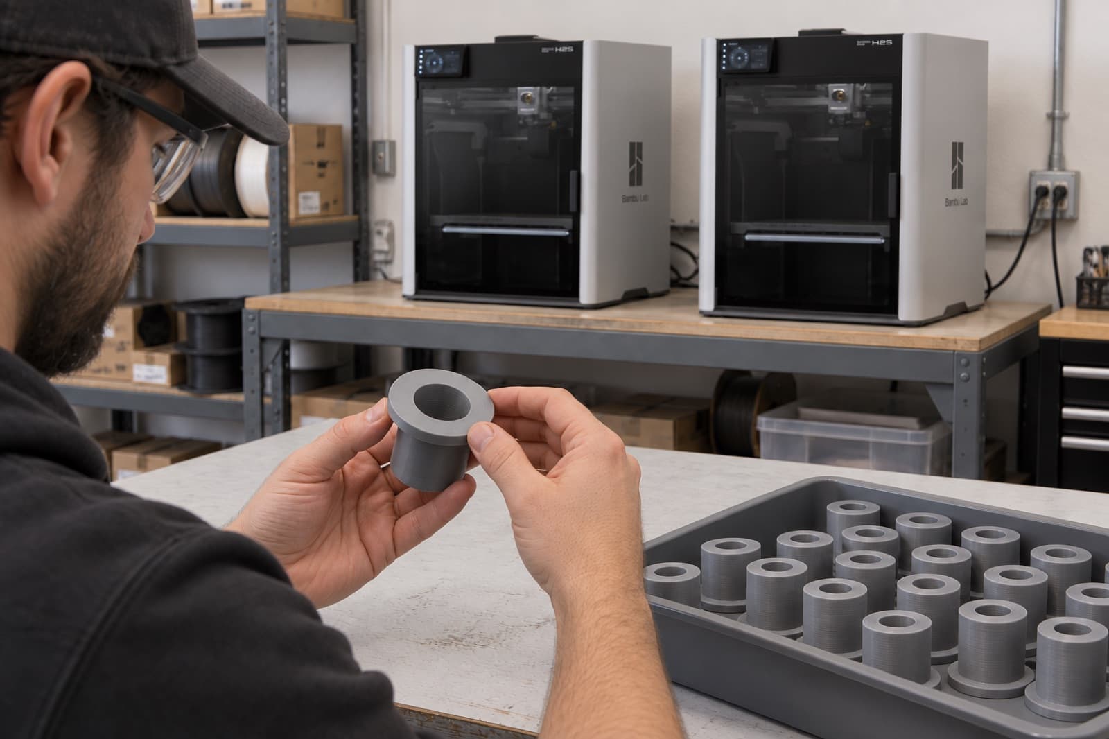 A technician inspecting a 3D printed part by hand in front of two FDM printers, with a tray of finished parts alongside