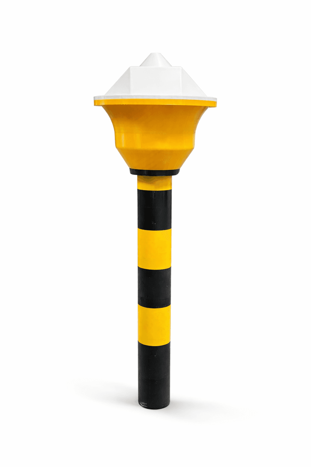 Oversized yellow and black 3D printed safety bollard, designed to print in sections that dowel-join at a planned seam