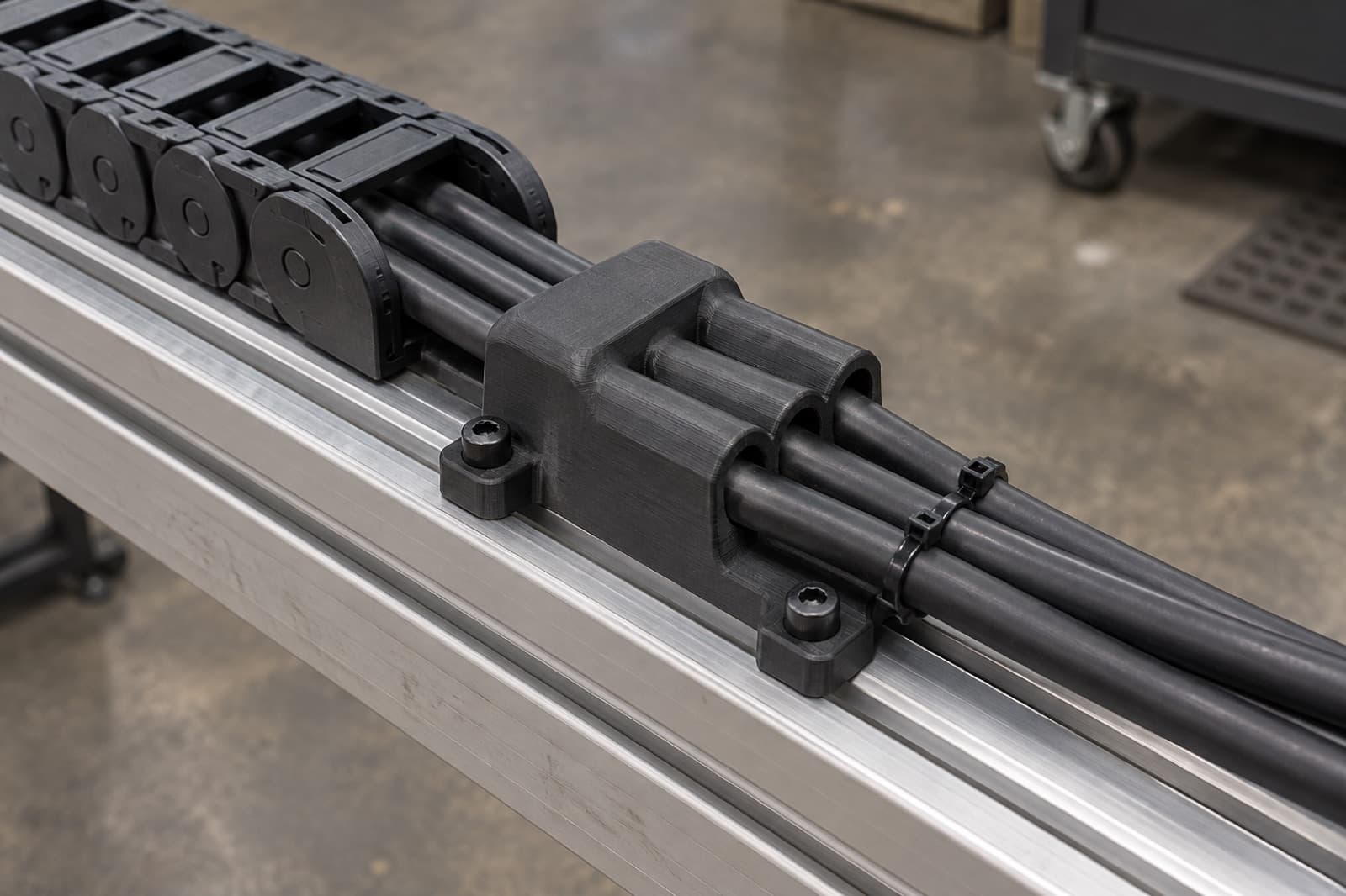 3D printed PA6-CF strain relief block bolted to aluminium extrusion, carrying a cable chain under load