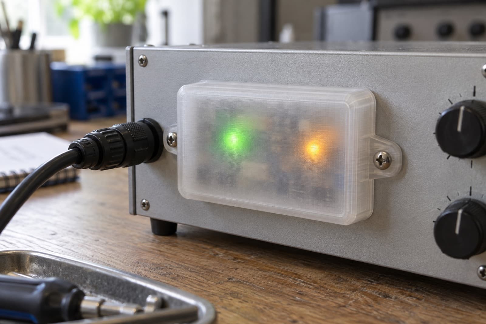 Translucent 3D printed polycarbonate indicator cover on an instrument panel with green and amber LEDs reading clearly through the wall
