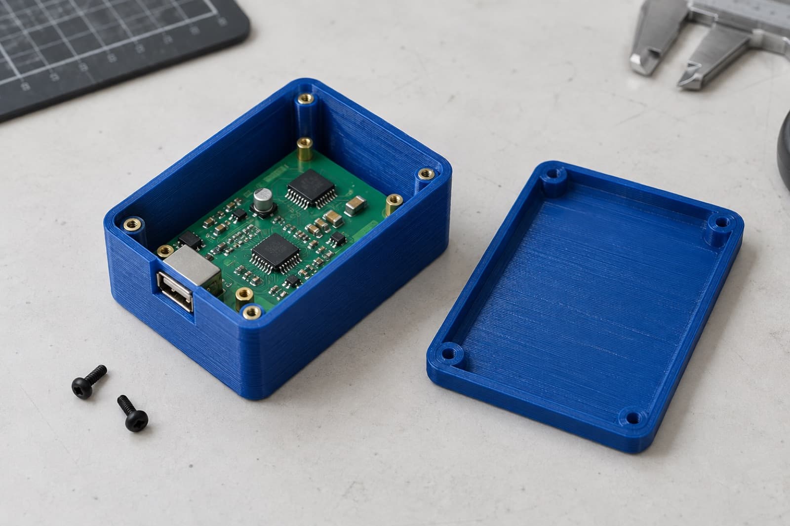 3D printed PETG electronics enclosure opened to show the populated circuit board and brass heat-set inserts