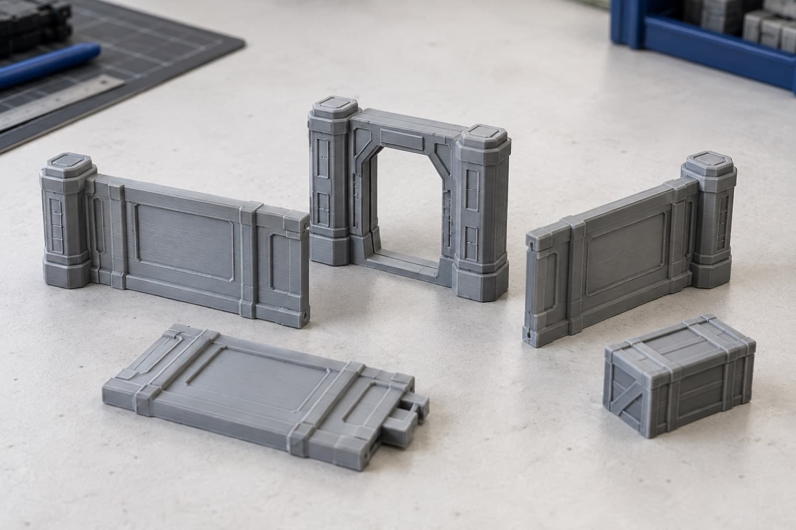 3D printed PLA modular tabletop terrain pieces, showing the fine detail retention PLA is chosen for