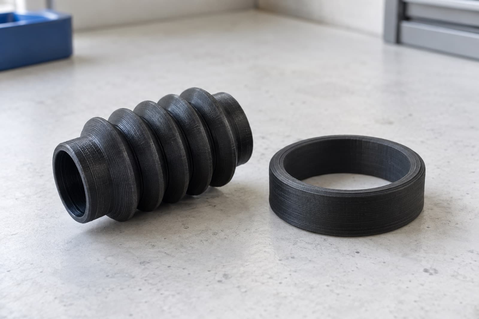 3D printed TPU bellows boot and seal ring, showing the flexible rubber-like behaviour of TPU 95A