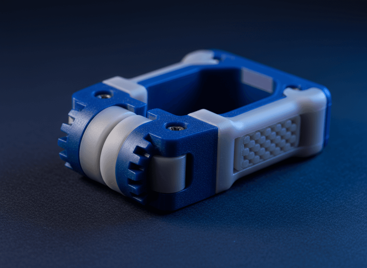 Blue and grey multi-material 3D printed clamp assembly with a knurled adjustment collar, textured grip pad and steel fasteners, produced at TAKT 3D
