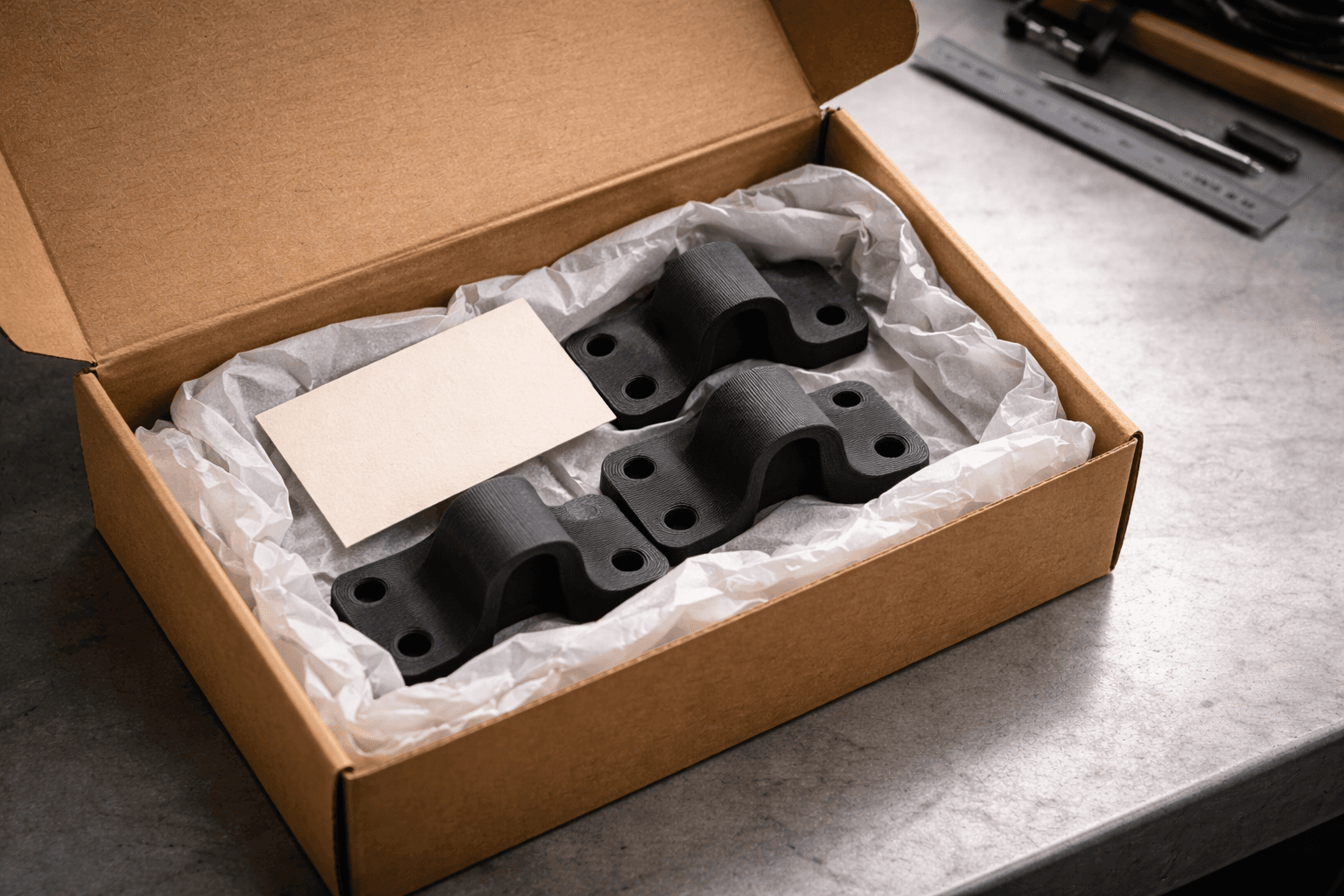 A finished TAKT 3D order of carbon-fiber brackets packed for pickup or shipping