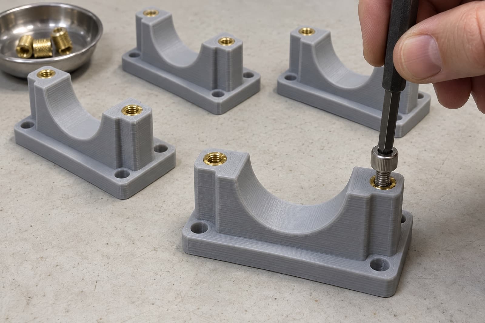 Heat-set insert being driven into a batch of 3D printed pipe saddle clamps