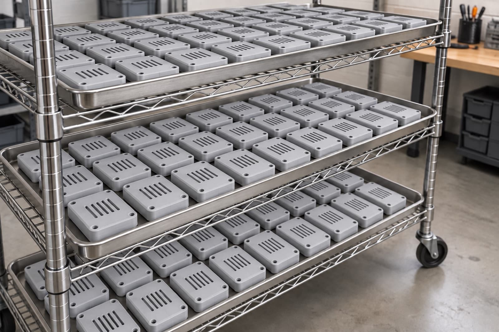 Hundreds of identical grey 3D printed housings staged in trays on a chrome production rack — a full run coming off the TAKT 3D print farm without injection tooling