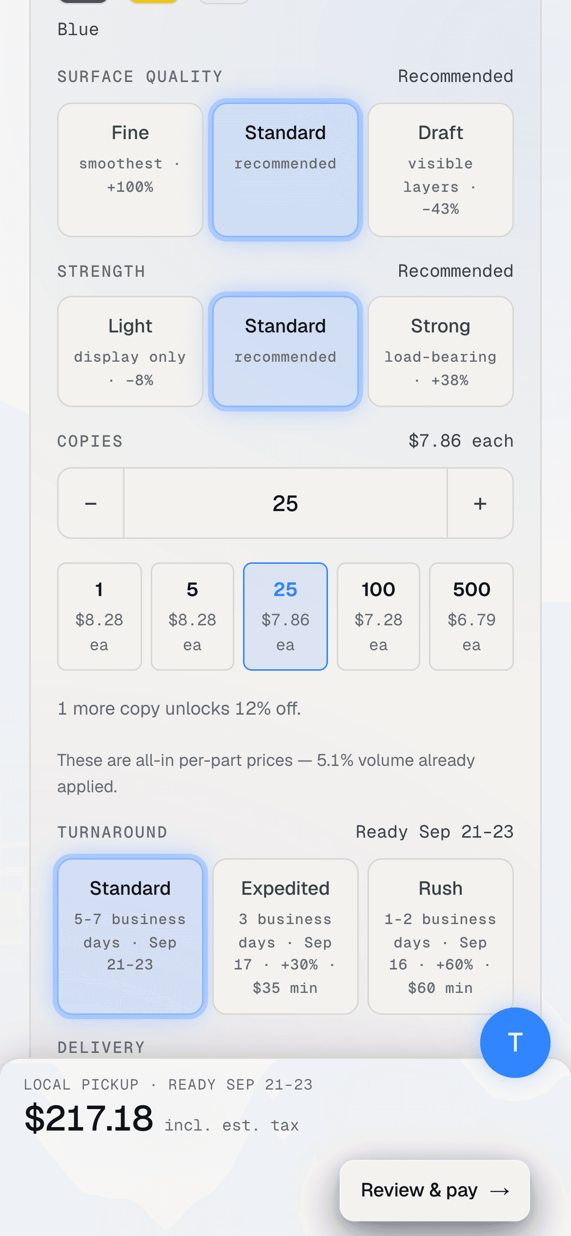 The TAKT 3D instant quote app on a phone: surface quality, strength and quantity options, the per-copy price ladder, turnaround choices, and a live total of $217.18 for 25 copies