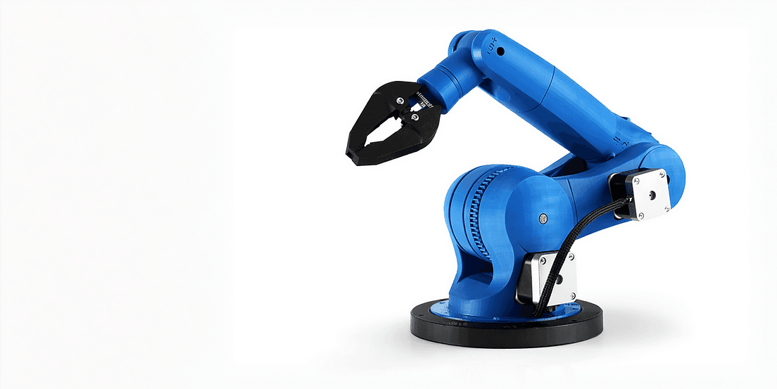 Blue six-axis robot arm with custom 3D printed gripper end effector by TAKT 3D