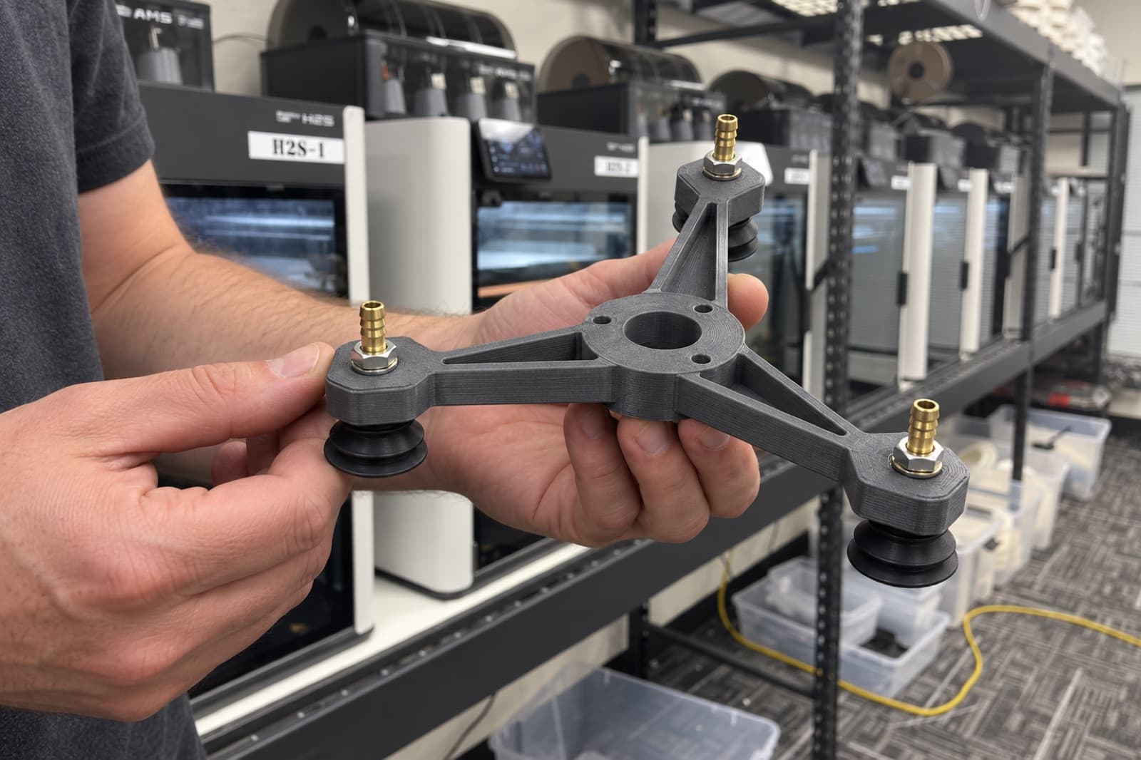 3D printed three-cup vacuum end effector for a robotic pick-and-place cell