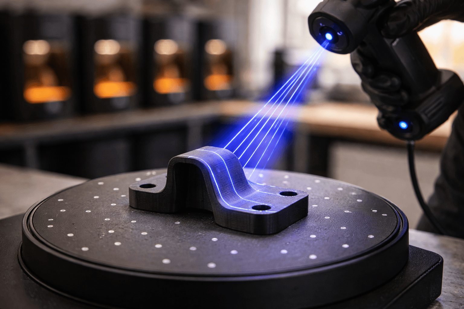 Blue-light structured-light 3D scanner projecting measurement lines onto a black bracket mounted on a target-marked turntable — TAKT 3D scanning service in San Diego