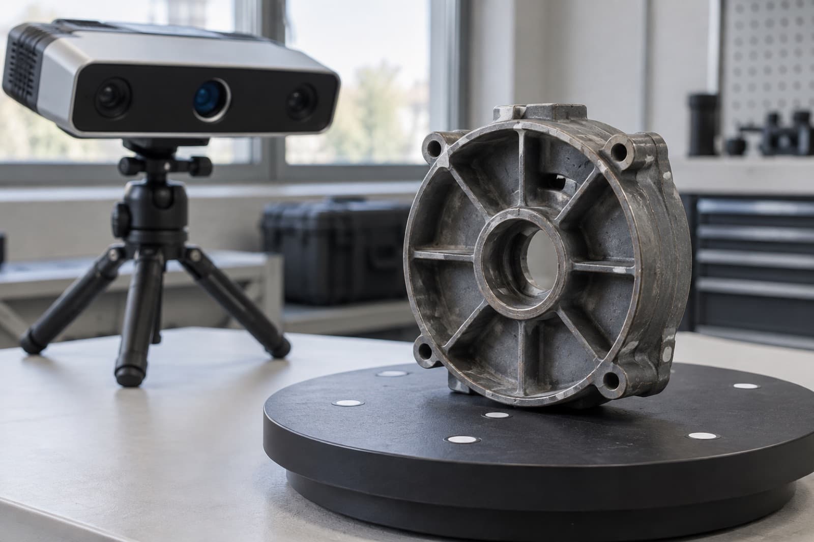 A worn cast-aluminum pump housing on a 3D scanner turntable, staged for reverse engineering