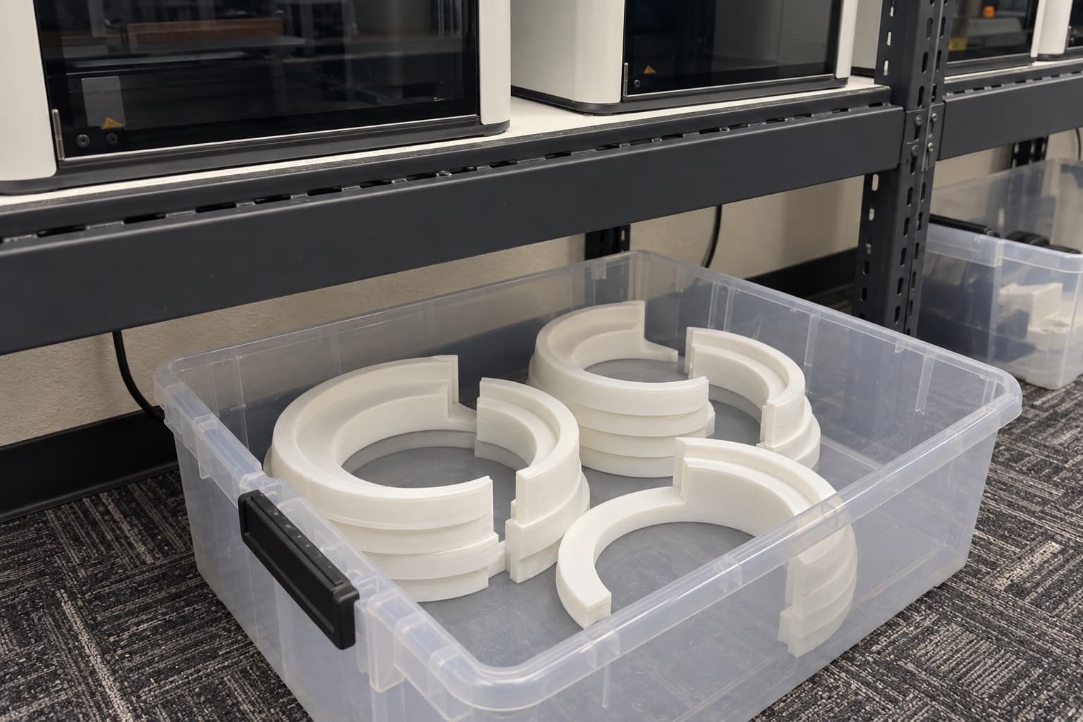 A bin of finished white 3D printed parts staged under the TAKT 3D production shelf