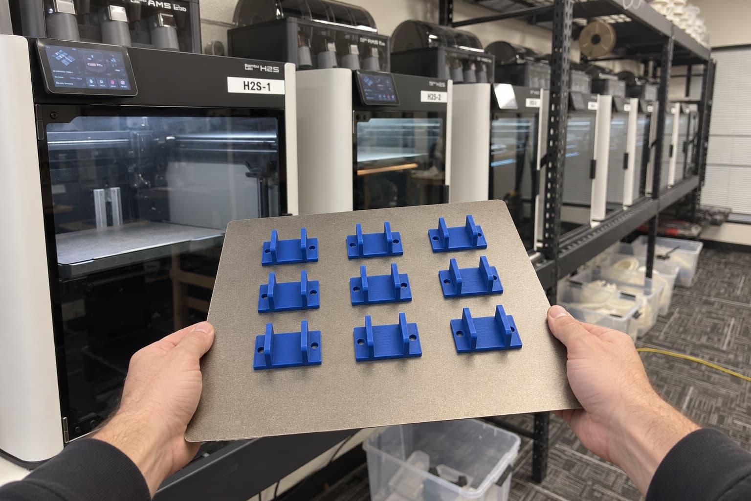 Hands lifting a build plate of freshly printed blue brackets in front of the FDM print farm at TAKT 3D in San Diego