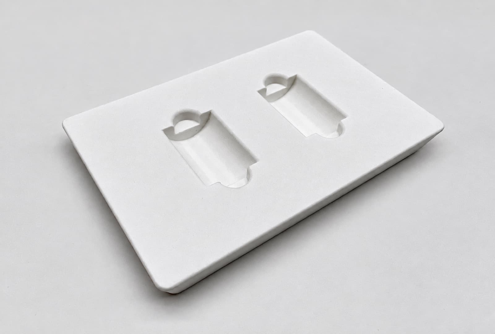 A plain white 3D printed rectangular plate with two identical recessed pockets